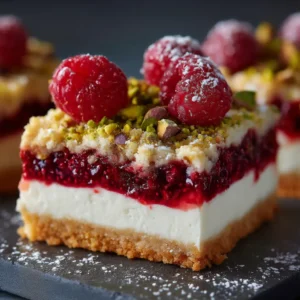 A close-up shot of a single raspberry pistachio crumble bar on a white plate, highlighting the crumbly texture of the pistachio shortbread crust.