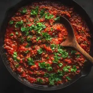 An extreme close-up overhead shot of a rich, thick Sunday gravy. The texture of the slow-cooked meat sauce is clearly visible, showcasing the depth of this authentic Italian gravy recipe.