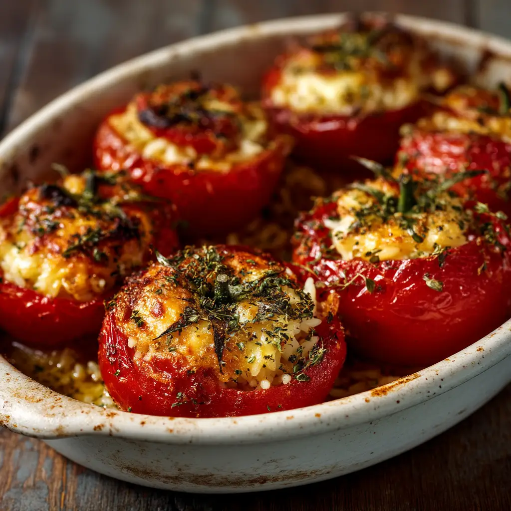 A collection of fresh, ripe red tomatoes on a rustic wooden surface, ready to be hollowed out and stuffed for a baked tomato recipe.