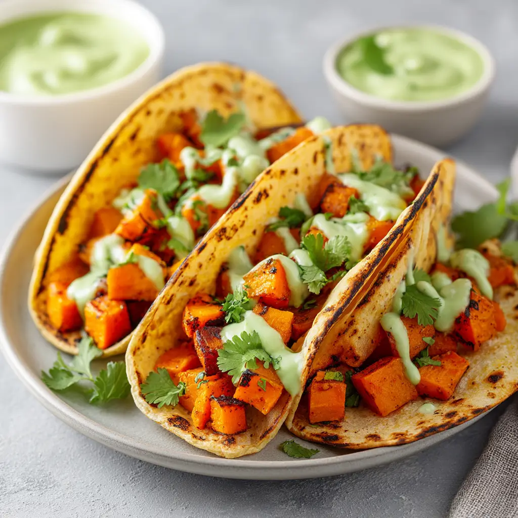 A close-up of three assembled sweet potato tacos, showing the texture of the roasted potatoes, black beans, and fresh toppings in soft tortillas.