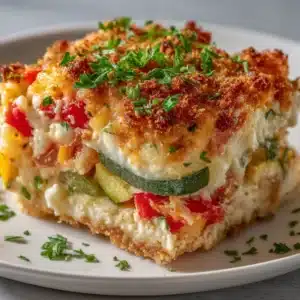 A close-up shot of a slice of the savory cottage cheese bake on a white plate, showing its creamy texture and cooked vegetables.
