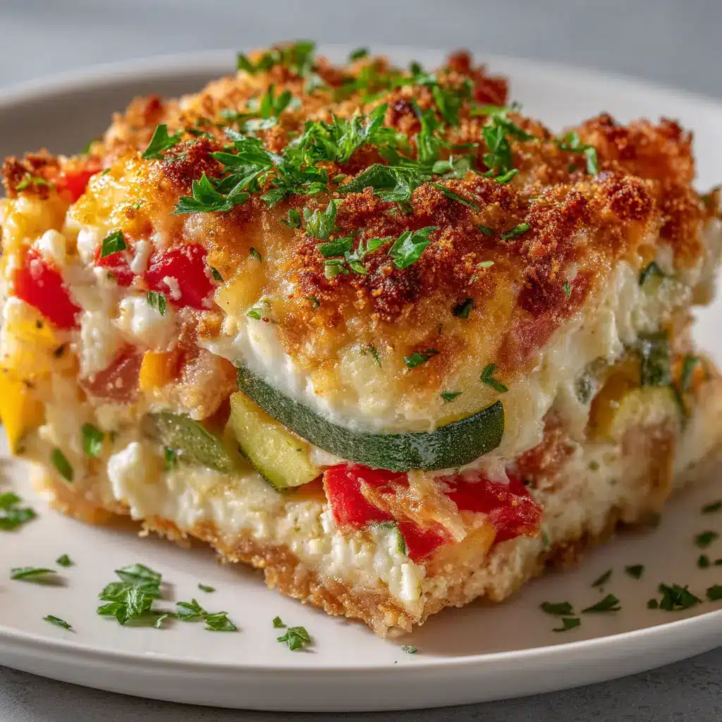 A close-up shot of a slice of the savory cottage cheese bake on a white plate, showing its creamy texture and cooked vegetables.