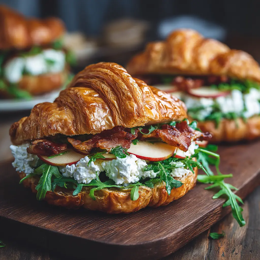 An extreme close-up of a savory croissant with apple and goat cheese, showing the flaky layers of the pastry.