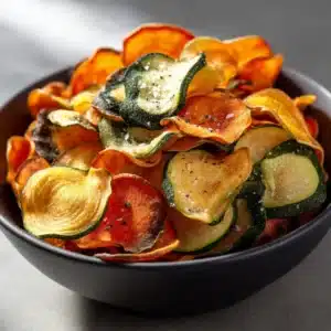 A macro shot showing the texture and seasoning on homemade veggie chips before being cooked in the air fryer.