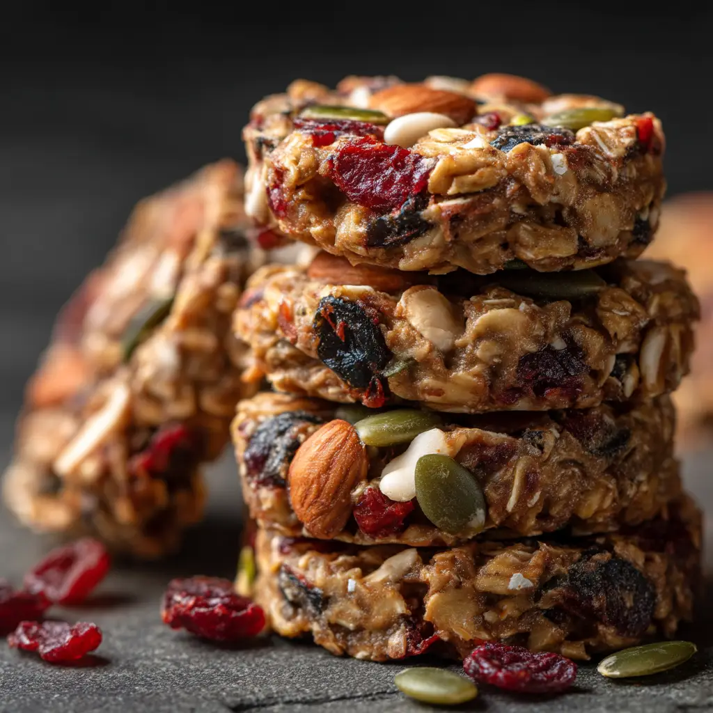 A close-up macro shot of a stack of rustic seed and nut cookies, highlighting the texture of oats, seeds, and nuts.