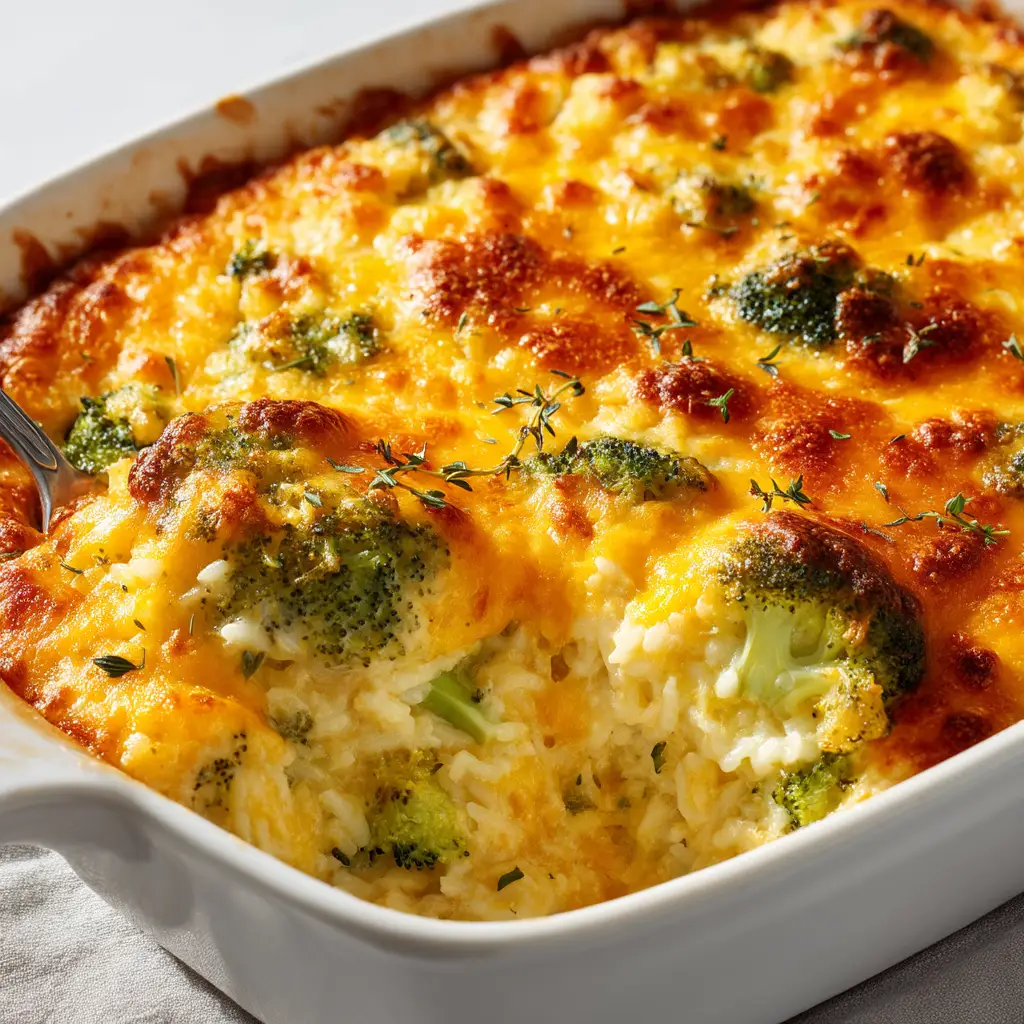Broccoli Cheese Rice Casserole: The Ultimate Comfort Dish 1 A spoonful of broccoli cheese rice casserole being lifted from the baking dish, showcasing a perfect cheese pull.