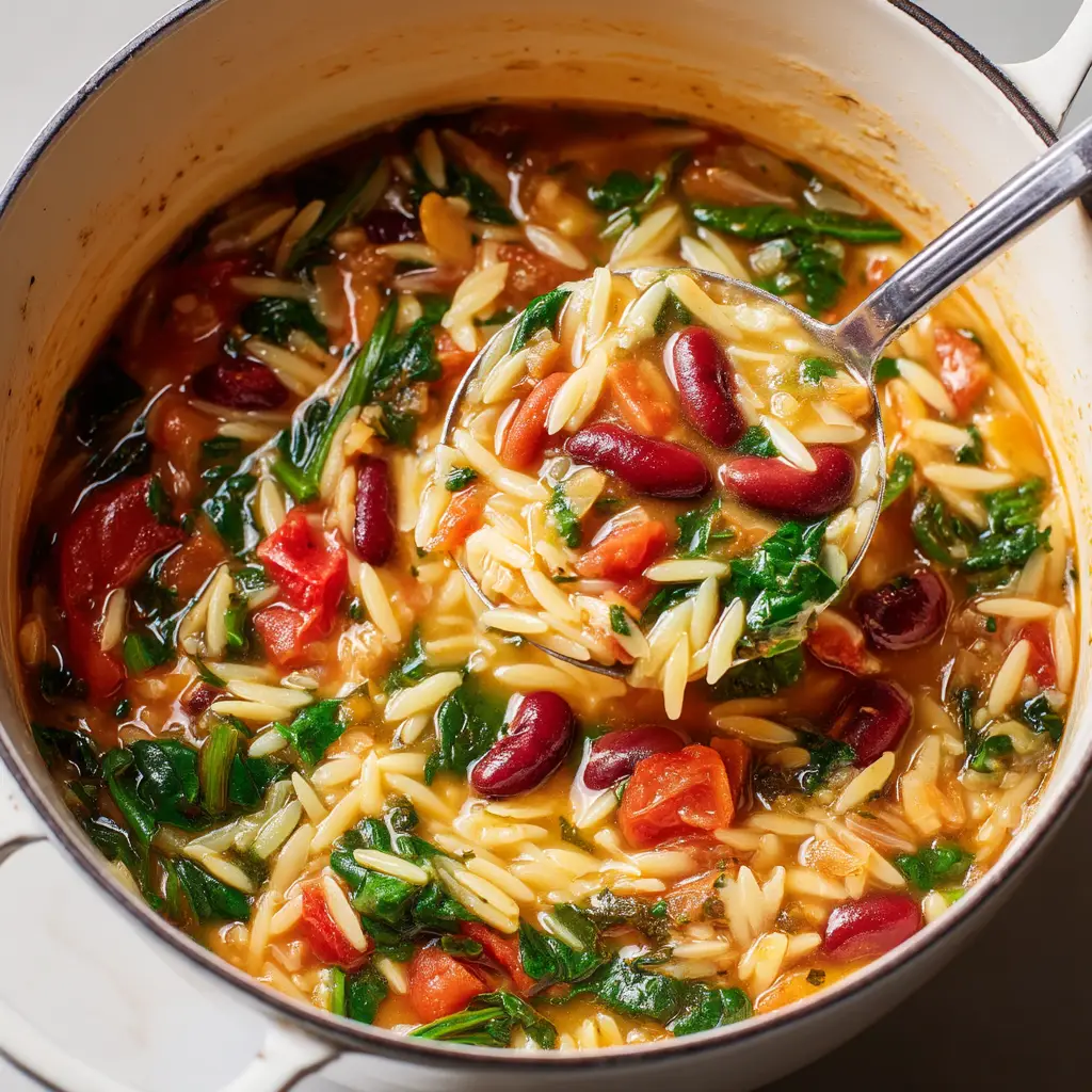 A fork taking a scoop of the Greek orzo salad from a large serving bowl, ready to be eaten.