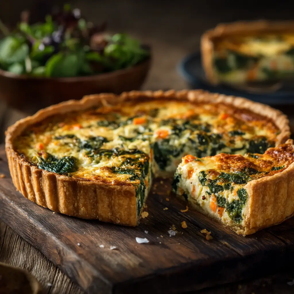 A slice of winter vegetable quiche being lifted from the pie dish with a spatula, showing a clean cut and a well-defined filling of egg and vegetables.