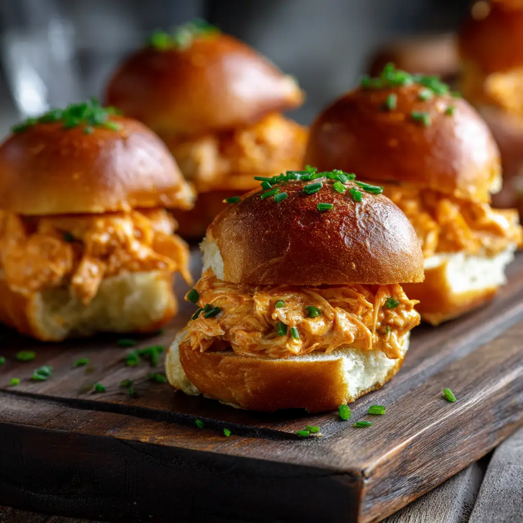 A close-up shot of shredded buffalo chicken sliders being assembled in a baking dish before going into the oven.