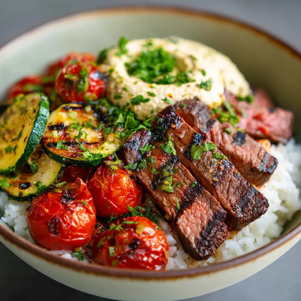 A close-up view of the juicy, perfectly seared and sliced steak used in the Mediterranean steak grain bowl.