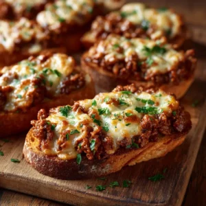 A close-up shot of the savory sloppy joe meat mixture being spread over a toasted garlic bread loaf before being topped with cheese. Part of the easy ground beef recipe.