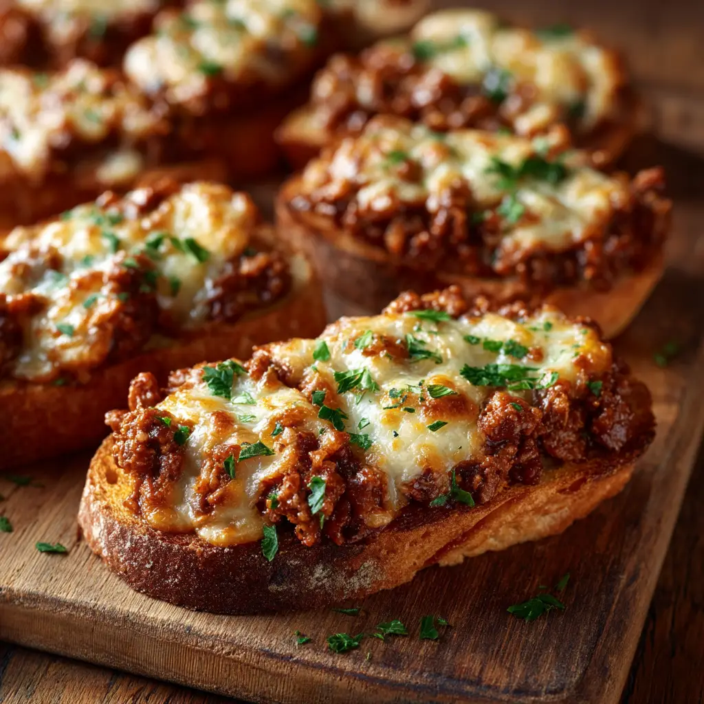 A close-up shot of the savory sloppy joe meat mixture being spread over a toasted garlic bread loaf before being topped with cheese. Part of the easy ground beef recipe.