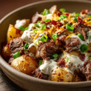 A hearty serving of slow cooker steak and potatoes in a rustic bowl. The beef is visibly tender and coated in a dark, savory gravy, with soft potatoes and herbs.