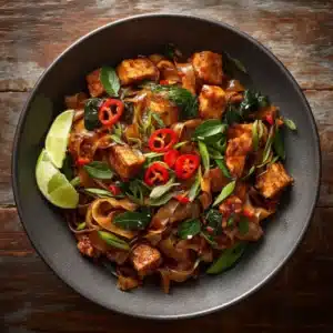 A close-up shot of spicy Pad Kee Mao, with chopsticks lifting the glossy, sauce-coated rice noodles from a bowl.