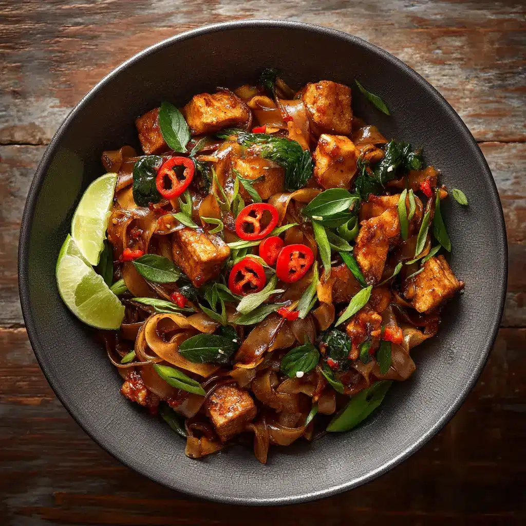 Thai Drunken Noodles (Pad Kee Mao) 2 A close-up shot of spicy Pad Kee Mao, with chopsticks lifting the glossy, sauce-coated rice noodles from a bowl.