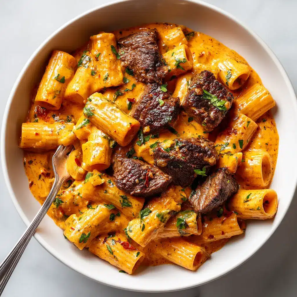 A high-angle view of a skillet filled with spicy steak pasta, showing the creamy sauce coating the rigatoni and steak pieces.