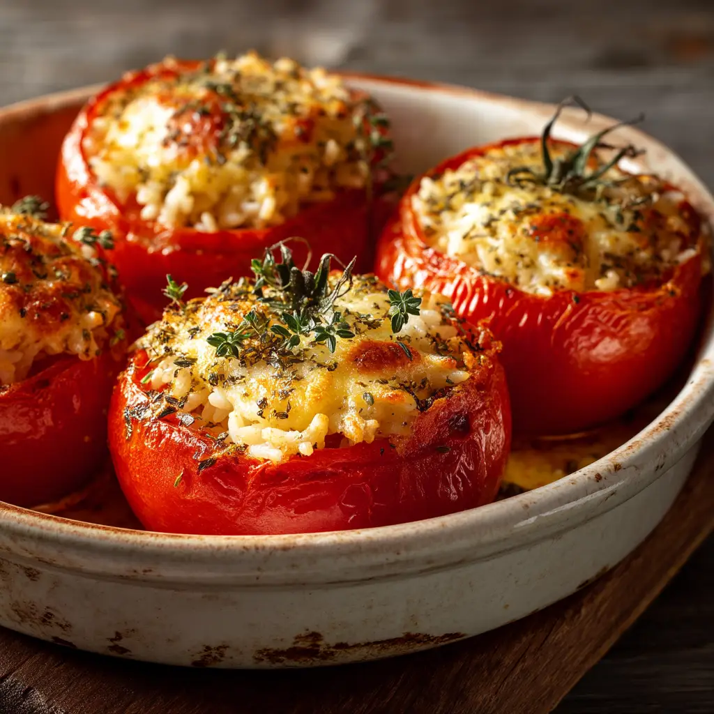 Hollowed-out tomatoes filled with a generous mixture of cheese and breadcrumbs, arranged in a baking dish before going into the oven.