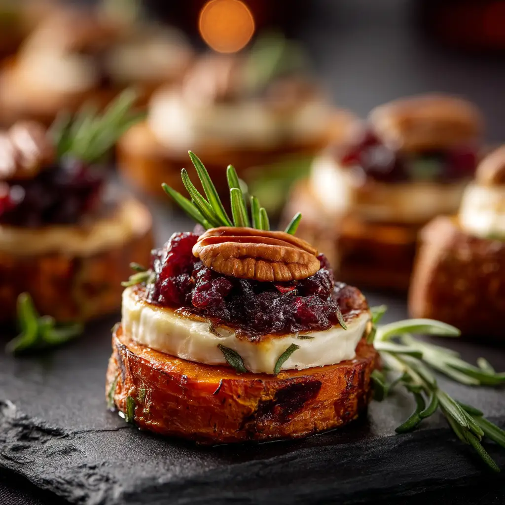 A close-up view of a single sweet potato bite, highlighting the creamy whipped goat cheese and a sprinkle of festive cranberries.