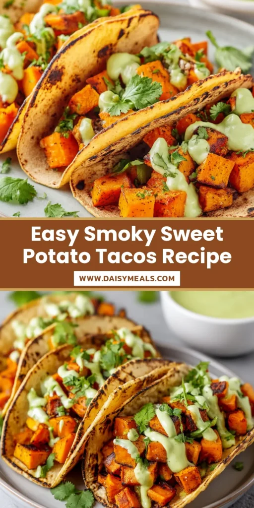 A vibrant overhead shot of three sweet potato tacos on a dark plate, topped with fresh cilantro, crumbled cheese, and a drizzle of creamy sauce.