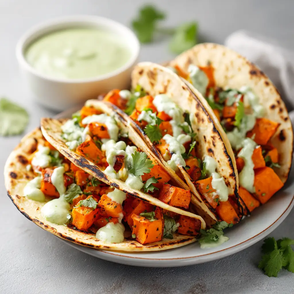 A beautiful arrangement of three sweet potato tacos on a serving platter, garnished with lime wedges and cilantro, showcasing a finished meal.