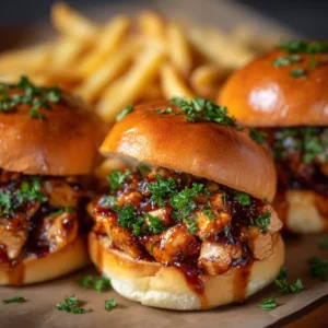 Three sweet and spicy chicken sliders arranged on a plate. The gooey melted cheese and tender shredded honey chipotle chicken are visible, highlighting the texture.