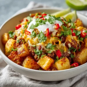 A close-up of a taco stuffed potato, showing the texture of the seasoned ground beef and melted cheddar cheese inside a crispy potato skin.