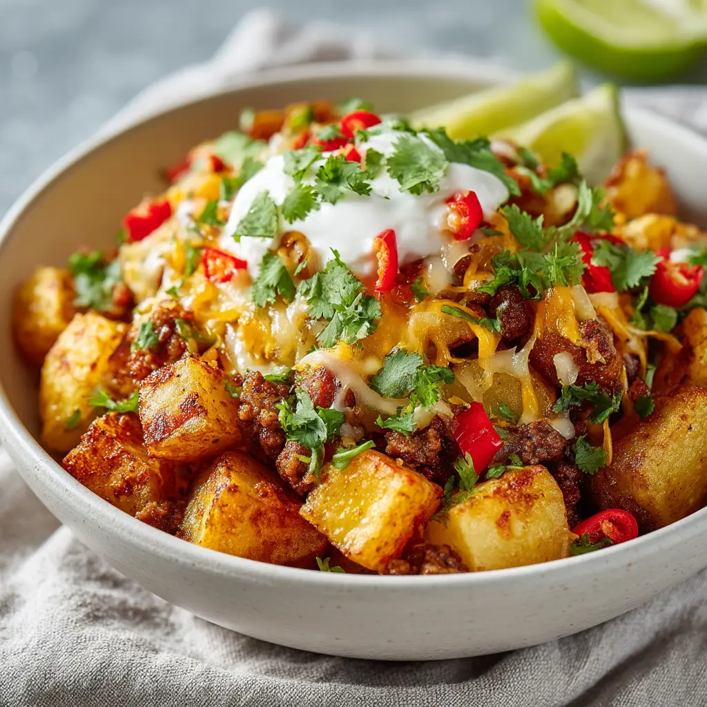 A close-up of a taco stuffed potato, showing the texture of the seasoned ground beef and melted cheddar cheese inside a crispy potato skin.