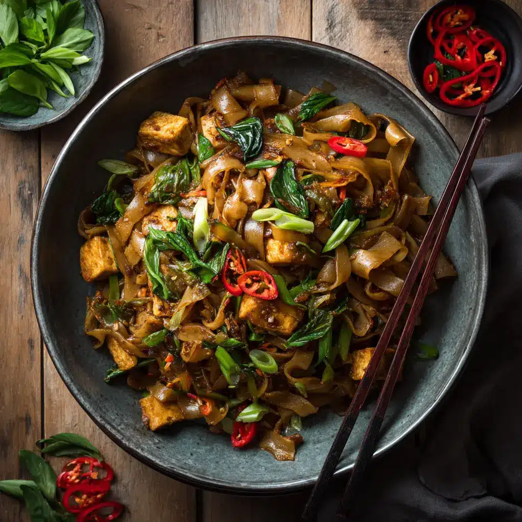 Thai Drunken Noodles (Pad Kee Mao) 1 A bowl of Thai Drunken Noodles with chicken, red bell peppers, and Chinese broccoli, garnished with fresh Thai basil.