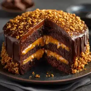 A whole Chocolate Caramel Toffee Crunch Cake presented on a rustic wooden table, showcasing its rich chocolate frosting and layers.