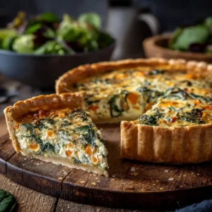 A whole, freshly baked winter vegetable quiche in a ceramic pie dish, ready to be sliced. The top is golden brown with roasted vegetables peeking through.