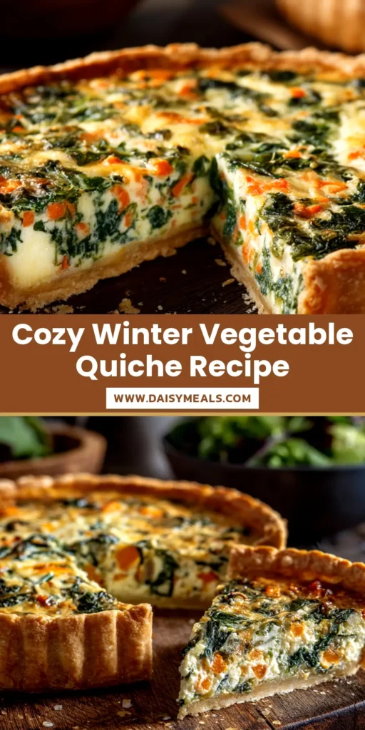 A beautiful slice of winter vegetable quiche on a white plate, showcasing the colorful roasted vegetables and golden-brown crust. Perfect for a cozy brunch.