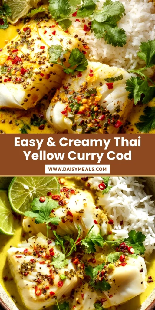 A beautiful overhead shot of Yellow Curry Poached Cod in a white bowl, garnished with fresh cilantro and red chili, ready to be pinned.