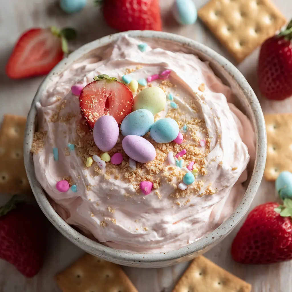 Fluffy dip swirled on top and generously garnished with pastel-colored candy-coated chocolate Easter eggs and colorful pastel spring sprinkles.
