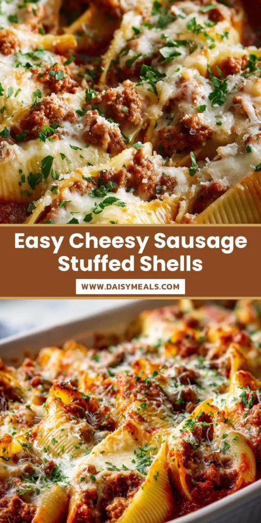 The Ultimate Sausage Stuffed Shells Recipe (Just Like Nonna's) 4 A close-up overhead shot of a baking dish filled with sausage stuffed shells, featuring bubbly golden mozzarella cheese, rich marinara, and a sprinkle of fresh parsley.