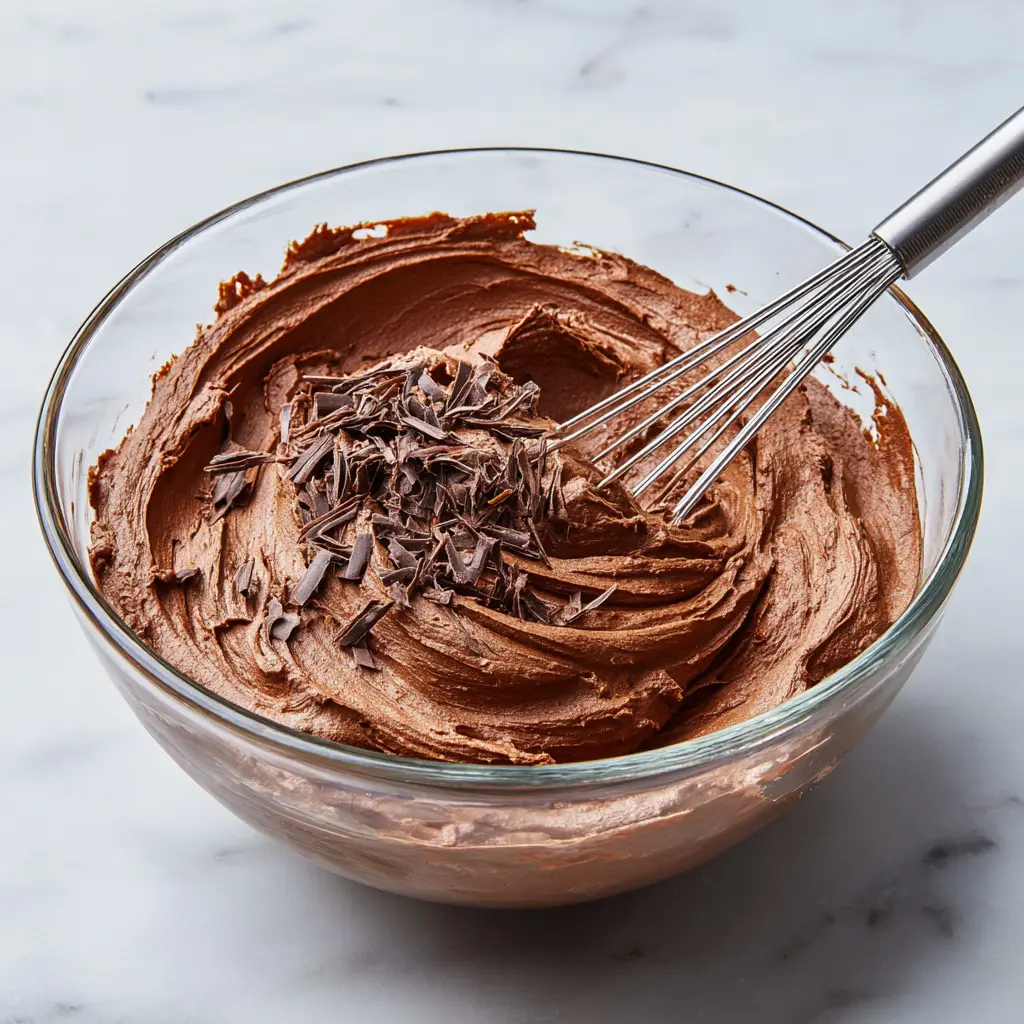 A close-up of a clear glass mixing bowl filled with thick, fluffy, aerated chocolate mousse. A silver balloon whisk coated in mousse rests inside. (Chocolate Mousse Cake Filling)