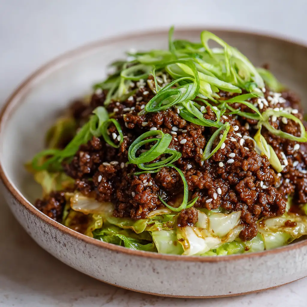 A close-up handheld photo showing the texture of the Low-Carb Mongolian Ground Beef. You can see the glossy sauce on the beef crumbles and the tender-crisp cabbage.