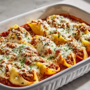 A close up shot of a white ceramic rectangular baking dish filled with sausage stuffed shells, topped with bubbly mozzarella and fresh herbs. (Sausage Stuffed Shells)