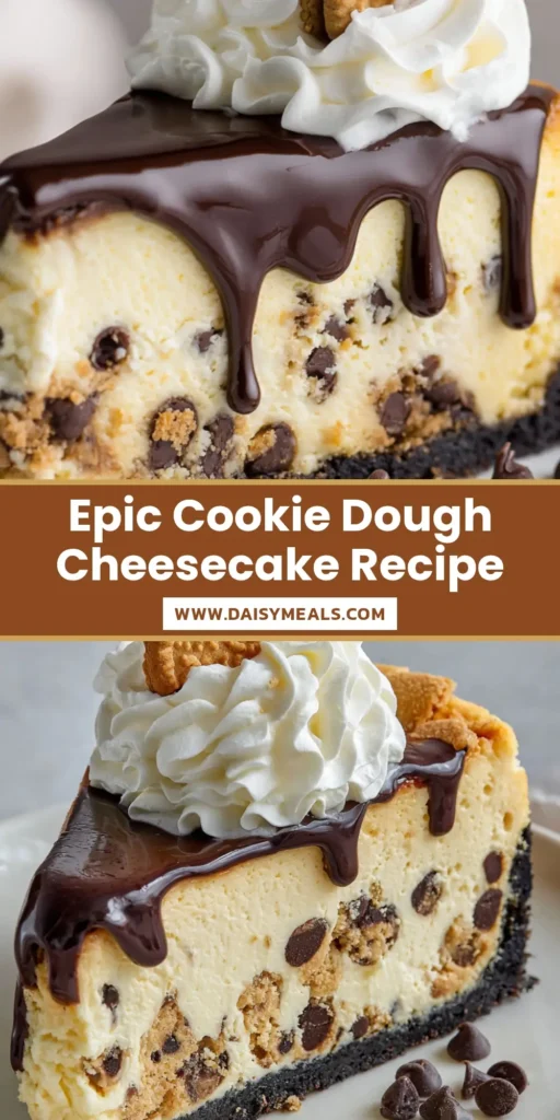 A tall slice of cookie dough cheesecake on a white plate. It features a thick cookie crust, a creamy filling with cookie dough chunks, chocolate ganache drip, and a whipped cream swirl.