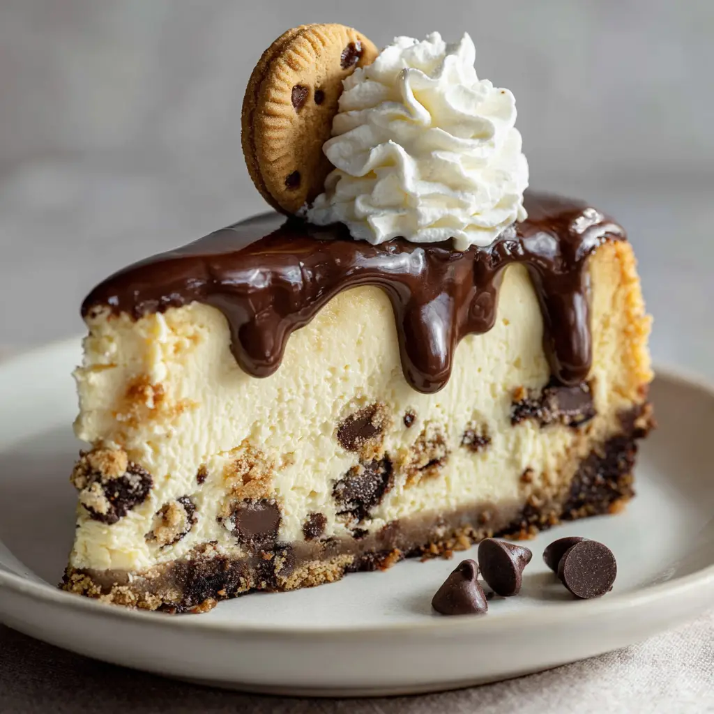 A close-up view of a perfect slice of Cookie Dough Cheesecake, highlighting the creamy texture of the vanilla filling and the chunks of edible cookie dough.