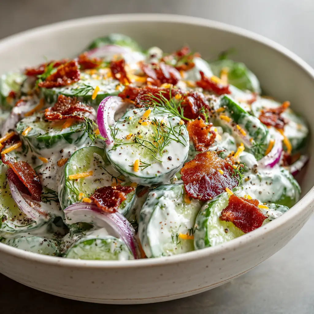Close-up of thick, bright green fresh cucumber chunks coated in glossy white creamy ranch dressing with bacon crumbles and fresh dill.