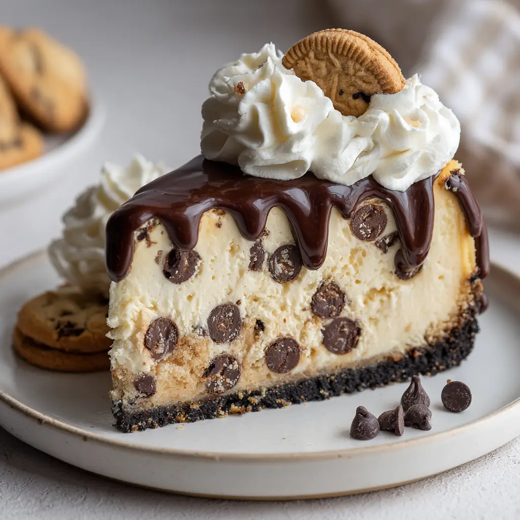 The top view of the cheesecake slice shows the glossy dark chocolate ganache drip, a piped swirl of stiff whipped cream, and a miniature cookie garnish.