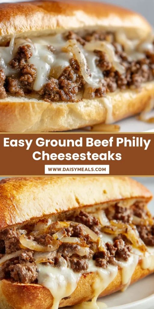 A close-up of a Ground Beef Philly Cheesesteak with perfectly melted provolone cheese, caramelized onions, and browned ground beef on a toasted hoagie roll.