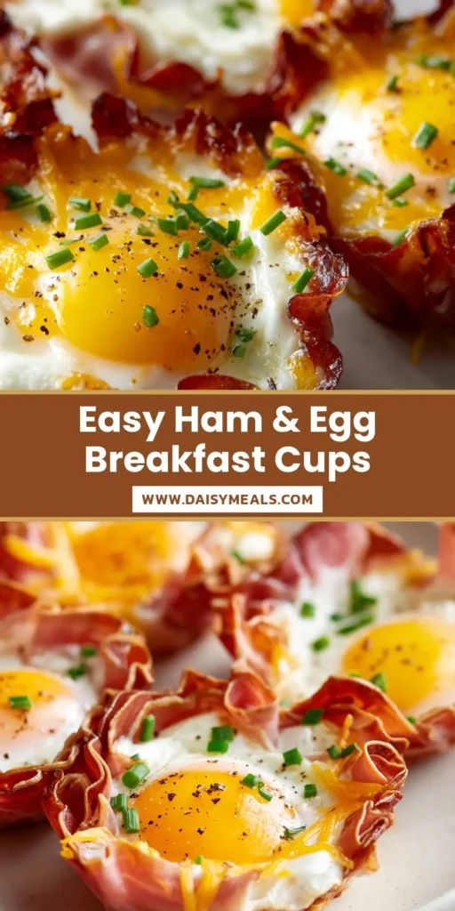 Close up of Ham and Egg Cups with melted cheddar, runny glossy egg yolks, and fresh green chives on a white plate.