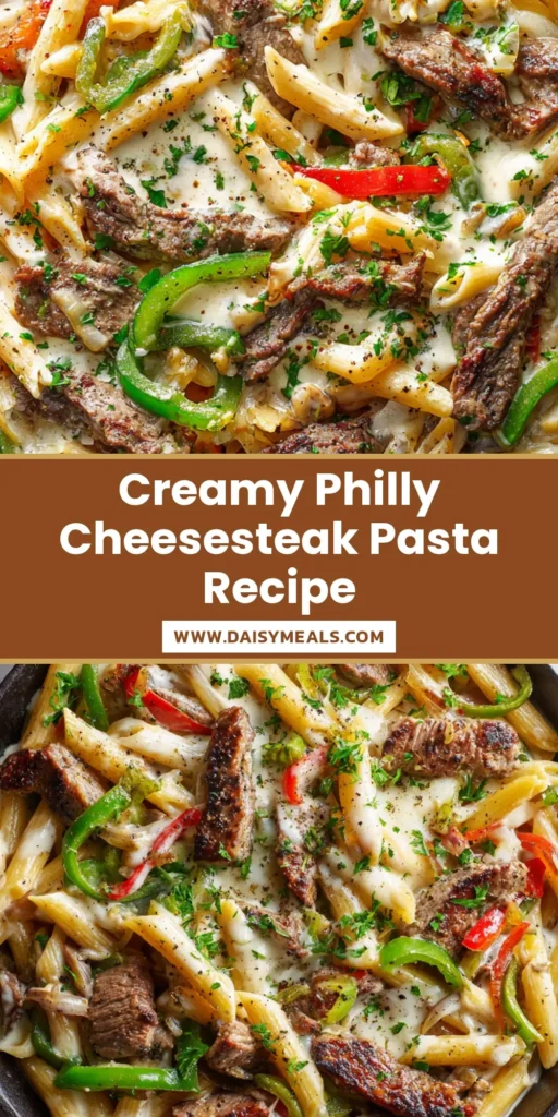 A close-up overhead shot of creamy Philly cheesesteak pasta served in a deep rustic cast iron skillet, featuring glossy melted provolone cheese, charred steak strips, and sauteed peppers.