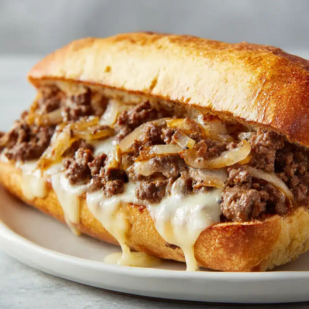 Handheld photo showing a generous, overflowing portion of browned ground beef and sliced white onions covered in stretchy provolone on a split hoagie roll.
