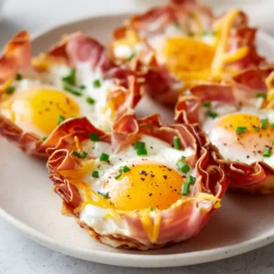 A close-up shot of baked ham and egg cups resting on a white ceramic plate showing opaque egg whites and soft yolks.
