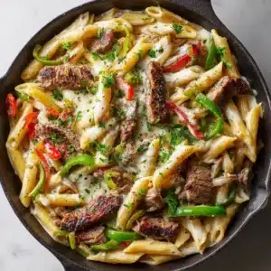 Overhead view of Philly cheesesteak pasta coated in thick white provolone sauce with seared steak slices and translucent onions.