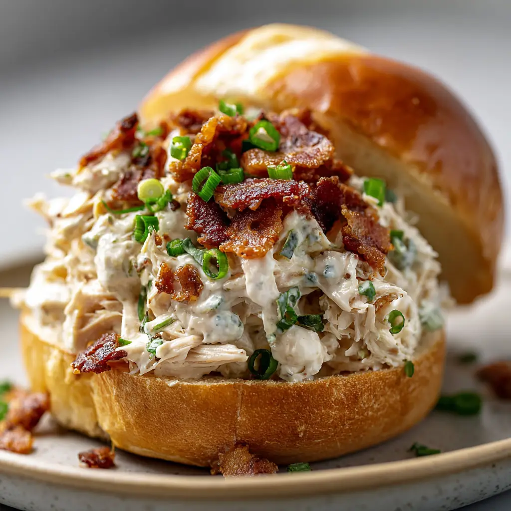Tender shredded chicken thoroughly mixed in a thick, gooey, melted white cream cheese sauce on a golden brioche bun.