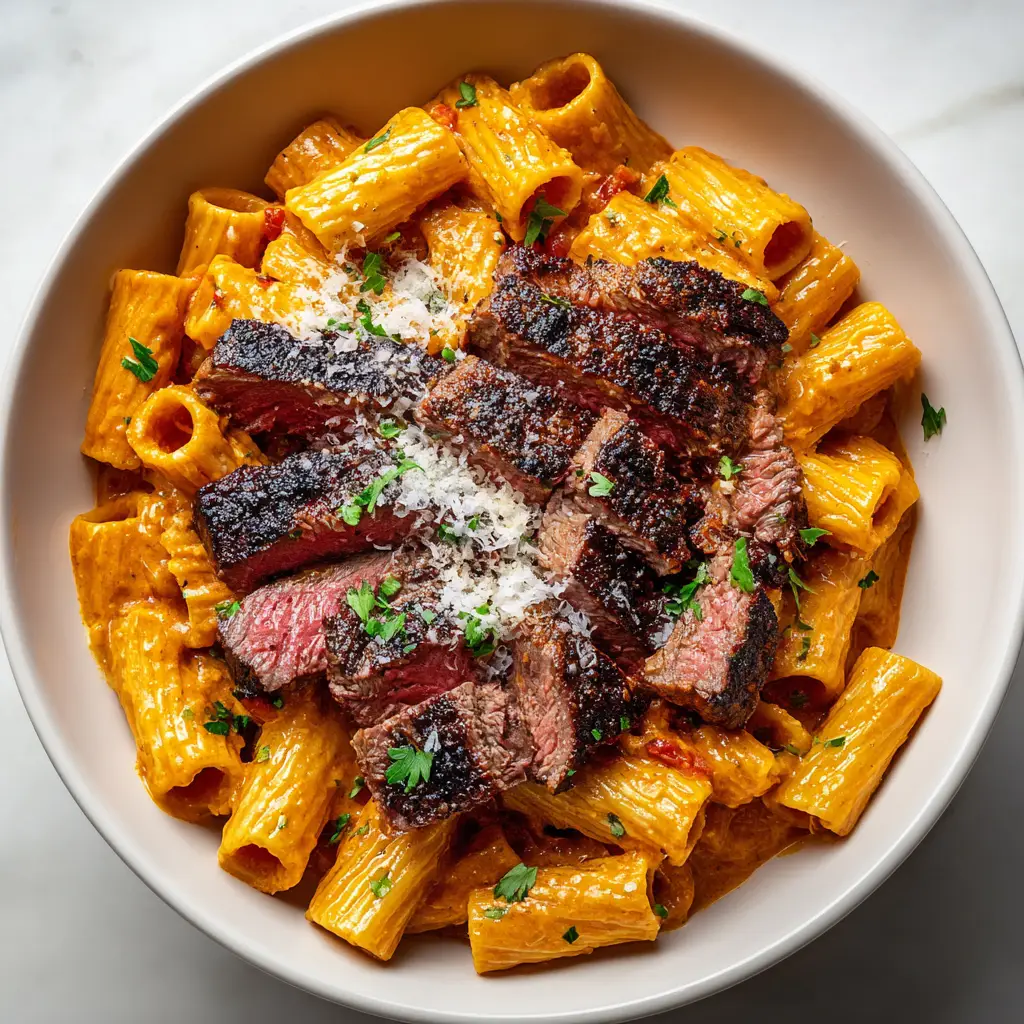Close up view of glossy orange-tinted creamy cajun sauce completely coating thick tubular rigatoni pasta with a sprinkle of minced green parsley.