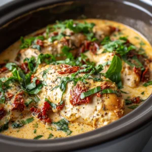 Close up of tender cooked chicken breasts in a dark ceramic slow cooker insert, covered in pale orange parmesan sauce with visible minced garlic.